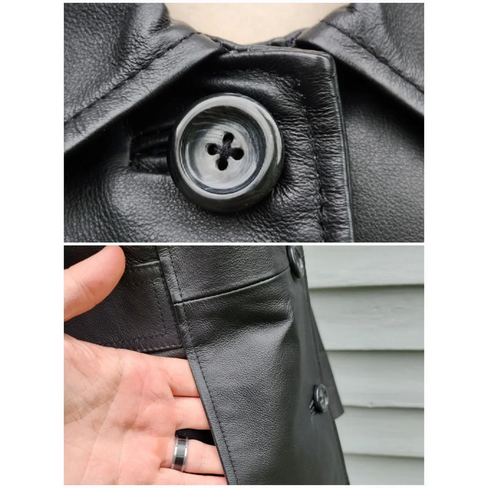 Vintage 90s y2k Leather Jacket Black Button Front Car Coat Burgundy Lining Small